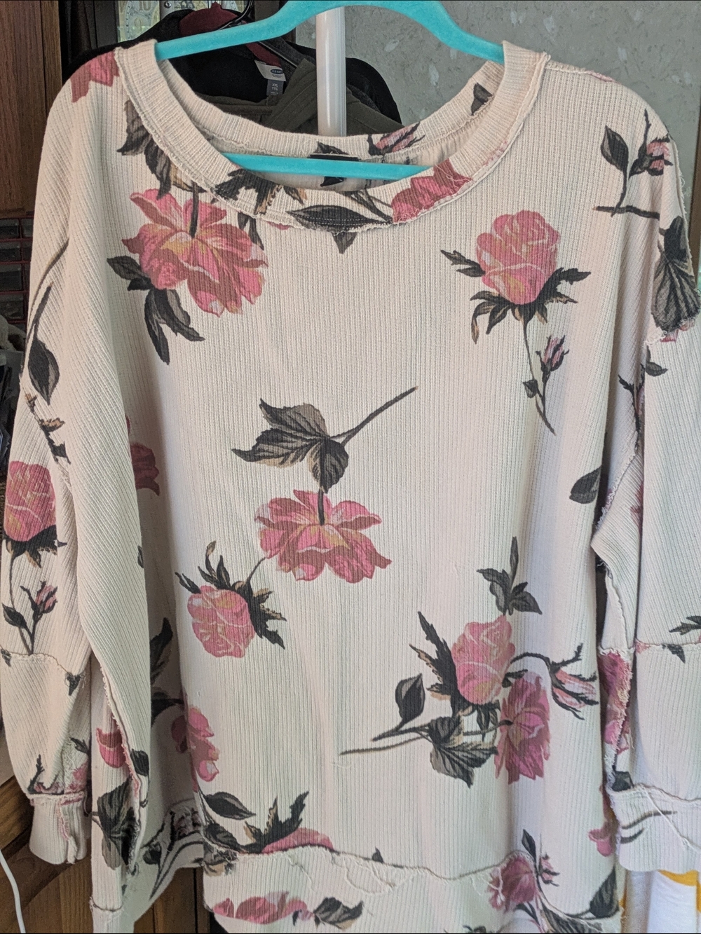 Cream Floral Long Sleeve Top with Pink Roses. Waffle Knit